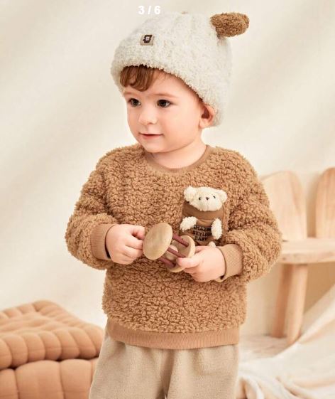 Shein Boy Casual Bear Doll Round Neck Long Sleeve Thickened Fleece Sweatshirt, 2-3T */