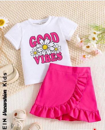 Shein Good Vibes Print Girl's 2pcs Short-Sleeve T-Shirt Top & Ruffle Skirt Set, 4T */
