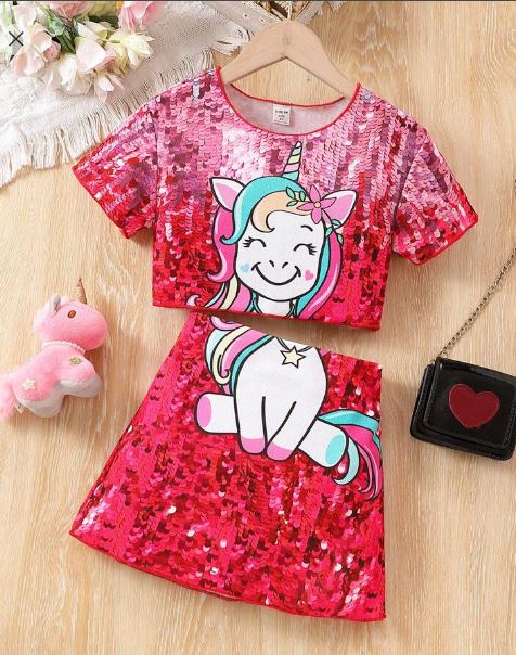 Shein Girls' Unicorn Printed T-Shirt & Skirt Set With Imitation Pearl Decoration, 7T */