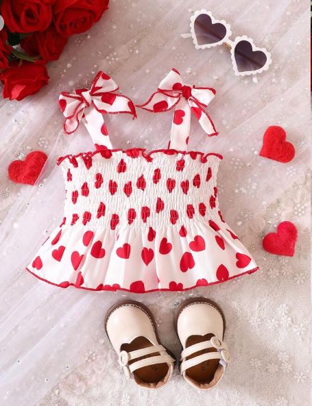 Shein Baby Girl Heart Print Bow Shoulder Peplum Cami Top, 2-3T */