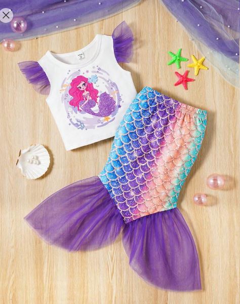 Shein Girl's Mermaid Mesh Top With Ruffle Edge Detail & Fish Tail Skirt Set, 7T */