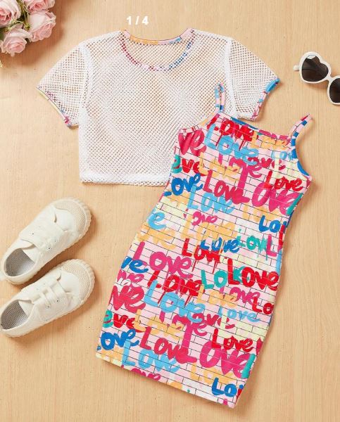 Shein Young Girl Mesh Short Sleeve Tee With Letter Pattern Cami Dress 2pcs Set, 7T */