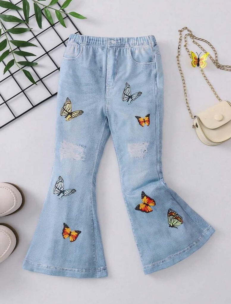 Shein Girls' Butterfly & Denim Look Flared Pants, 7T */