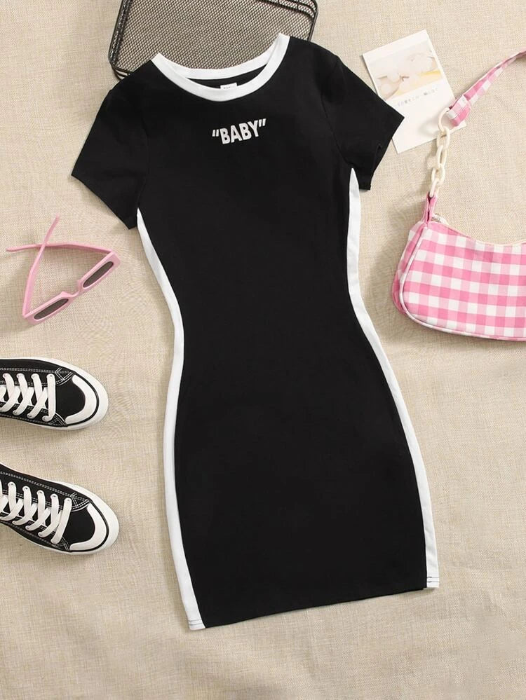 Shein Teen Girls Letter Graphic Contrast Trim Dress, 10-11T */