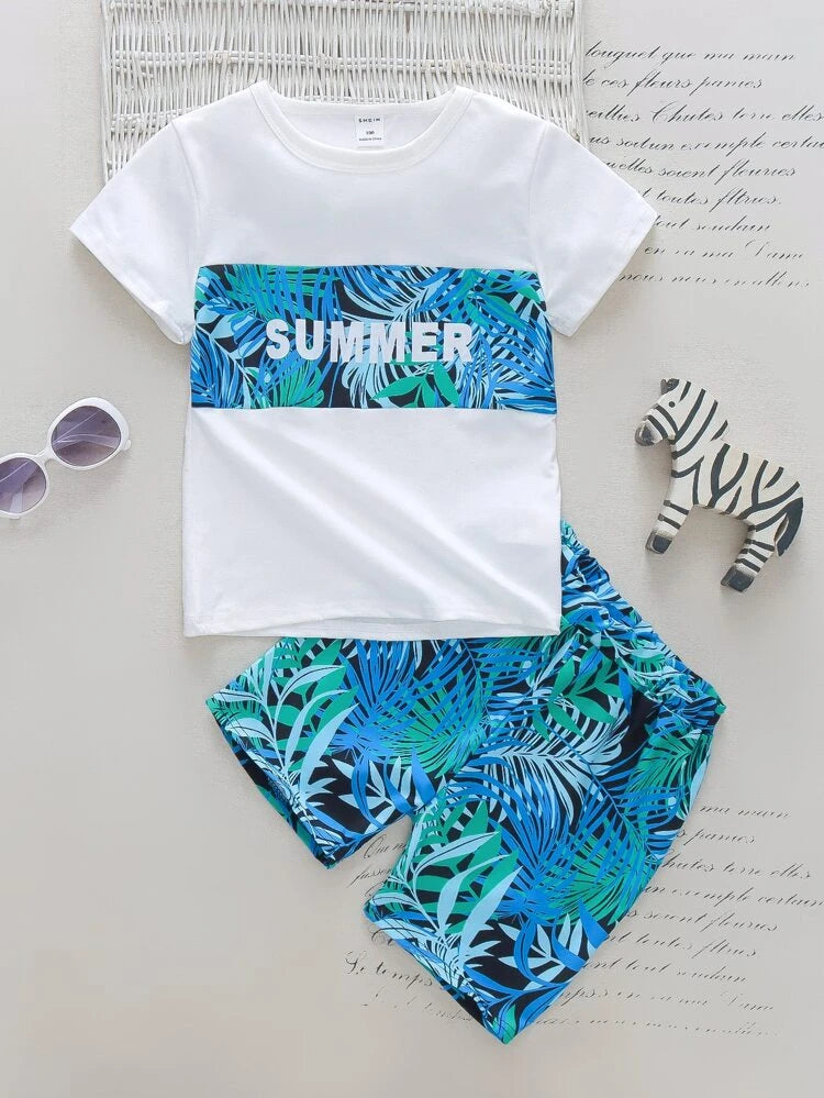 Shein Toddler Boys Tropical & Letter Graphic Tee & Shorts, 6T*/