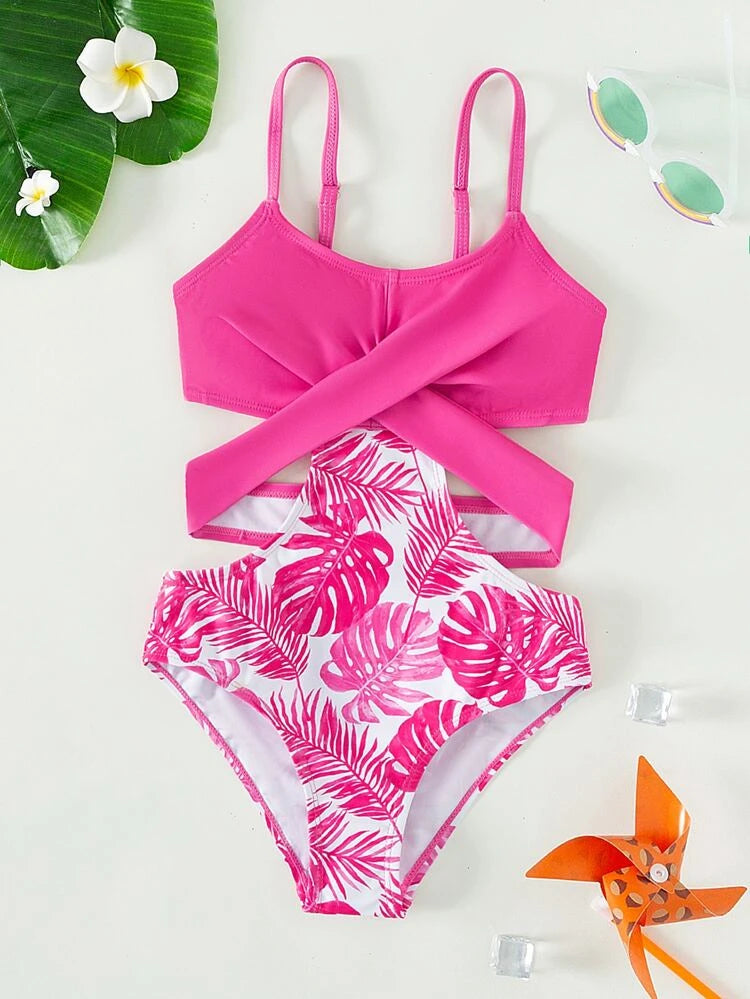 Shein Girls Tropical Print Cut Out One Piece Swimsuit */