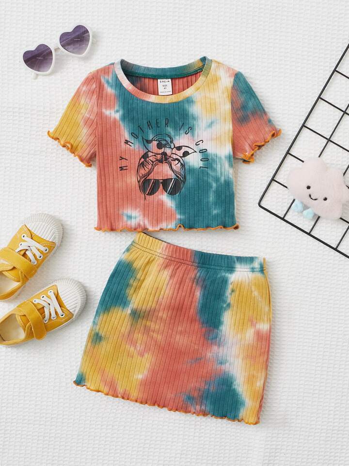 Shein Kids EVRYDAY Toddler Girls Tie Dye Figure Graphic Lettuce Trim Tee & Skirt, 5T*/