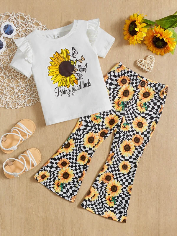 Shein Toddler Girls Sunflower & Slogan Graphic Ruffle Trim Tee & Flare Leg Pants, 4T*/