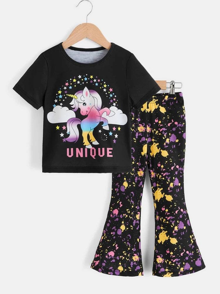 Shein Toddler Girls Unicorn & Letter Graphic Tee & Flare Leg Pants, 4T*/