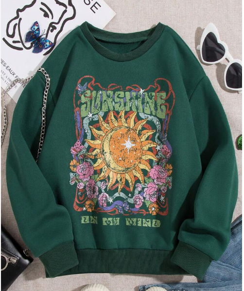 Shein Tween Girl Sun & Slogan Graphic Thermal Lined Sweatshirt, 10T */