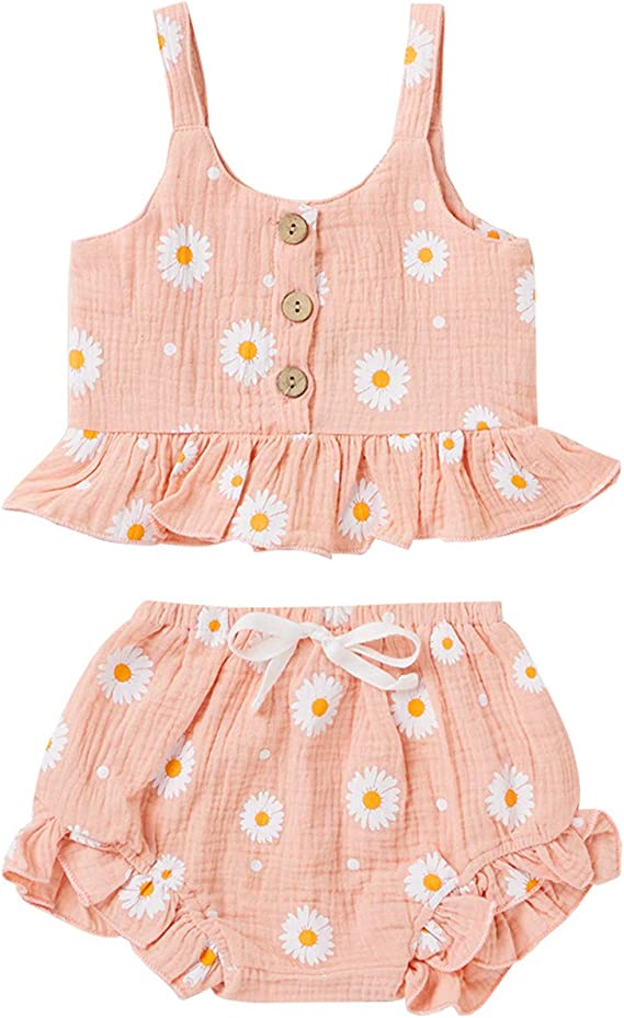 Shein Baby Girl Outfit Daisy Ruffle Tank Tops Vest with Bloomer Shorts 2pcs Set, 9-12M*/
