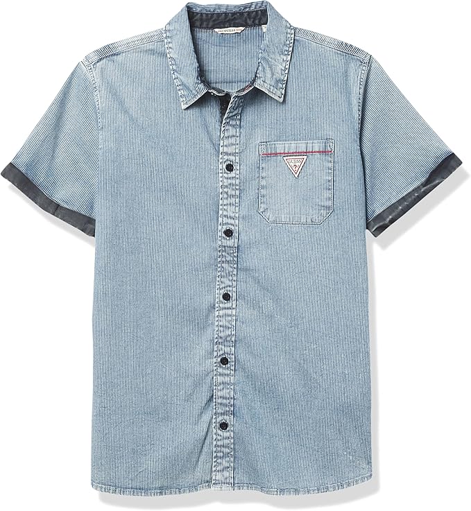 Guess boys Short Sleeve Denim Button Front Shirt Button Down Shirt, 12T /