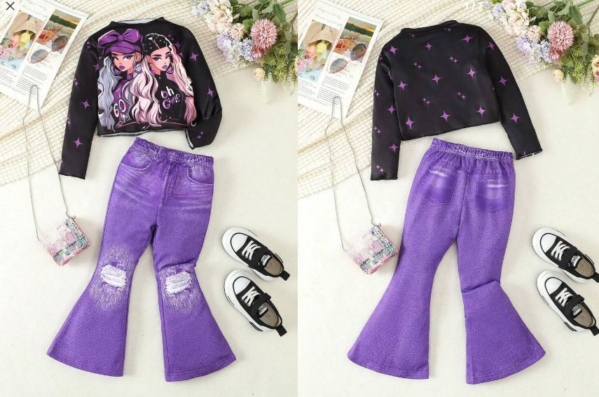 Shein Young Girl Long Cartoon Printed Top & Flared Jeans Imitation Casual Set, 6T /