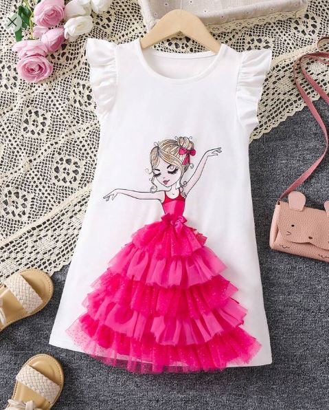 Shein Young Girl Casual White Portrait Dancing Girl Print Dress, 5T /