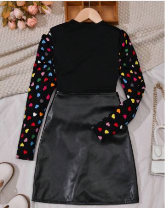 Shein Tween Girl Heart Print Puff Sleeve Tee & PU Leather Skirt, 12T */