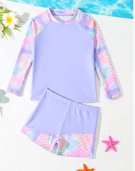 Shein Fish Scales Printed Raglan Sleeve Tankini Swimsuit, 6T /