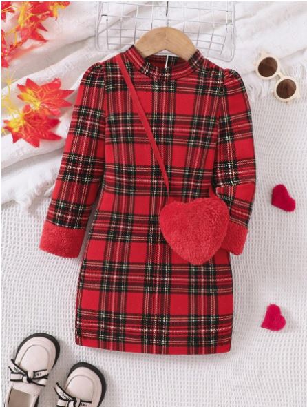 Shein Patchwork Fluffy Sleeve Casual Dress With Heart-Shaped Plush Crossbody Bag, 7T /