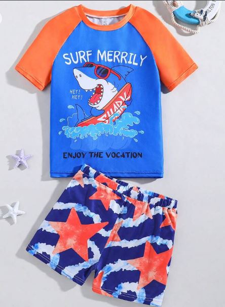 Shein Boys' Leisure Shark Cartoon Print Pattern Color Block Short Sleeved Pullover Swimwear, 10T /