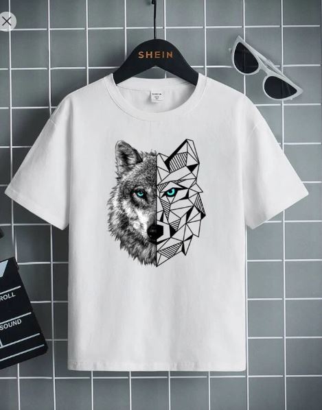 Shein Round Neck Short Sleeve Tween Boy Wolf & Geometric Printed T-Shirt, 9T */