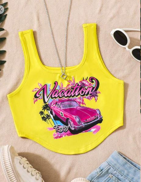 Shein Tween Girl Car & Letter Graphic Curved Hem Tank Top /