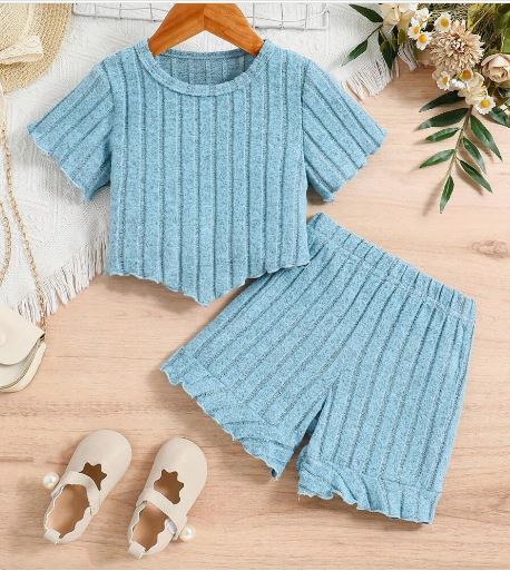 Shein Young Girl Breathable Blue Solid Color Round Neck Sleeveless Tank Top & Lace Shorts Set, 4T /