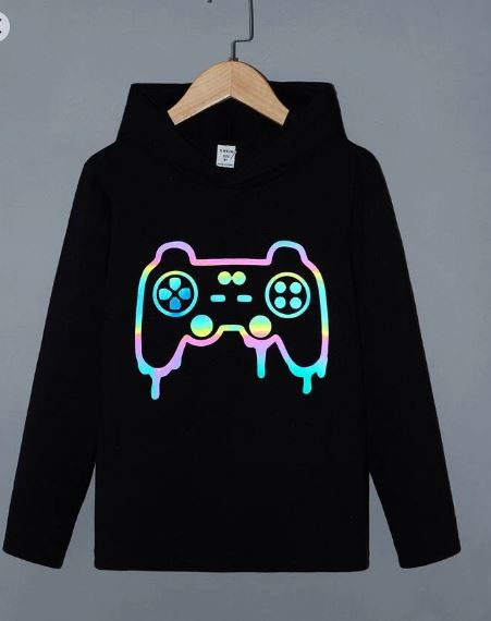 Shein Tween Boy Reflective Gamepad Print Hooded Sweatshirt, 11-12T */