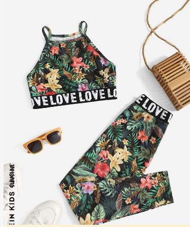 Shein Kids SUNSHNE Girls Tropical Letter Tape Cami Top & Leggings Set, 10T*/