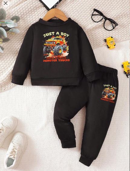 Shein 2pcs Young Boy Off-Road Vehicle & Letter Print Long Sleeve Top & Pants Set, 4T /