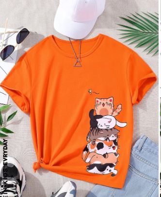 Shein Kids EVRYDAY Girls Cartoon Cat Graphic Tee, 11-12T */