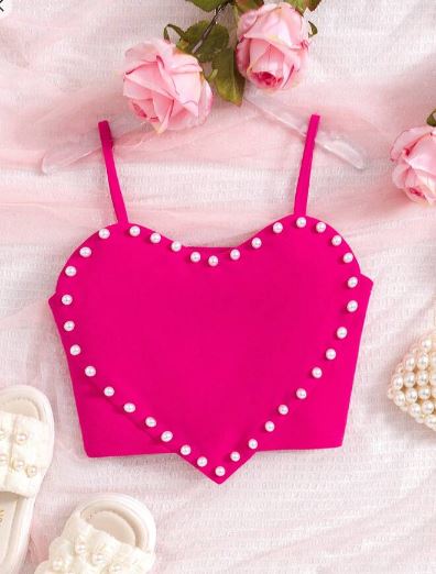 Shein Tween Girl Cute Short Heart Shape Pearl Decorated Camisole Top, 10T /