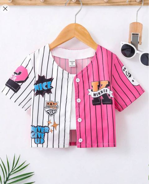 Shein Young Girl Cool Street-Style Graffiti & Stripe Baseball Shirt, 6T /