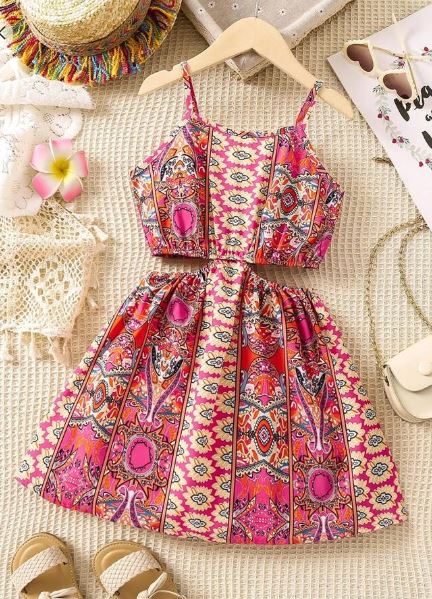 Shein Young Girl Geometric Pattern Vintage Holiday Spaghetti Strap Dress, 4T /