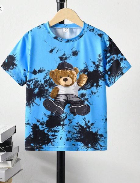 Shein Tween Boy Bear Print Tie Dye Bear Print Tee, 8T */