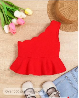 Shein Young Girl One Shoulder Scallop Trim Peplum Top /