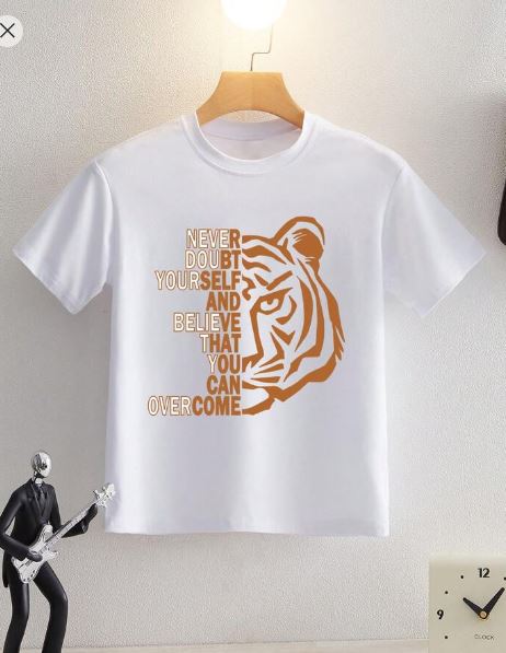 Shein Tween Boys' Casual Tiger Slogan Print Crew Neck Pullover T-Shirt, 8T */