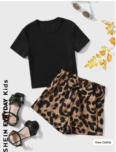 Shein Young Girl Ribbed Knit Tee & Leopard Print Shorts, 4T /