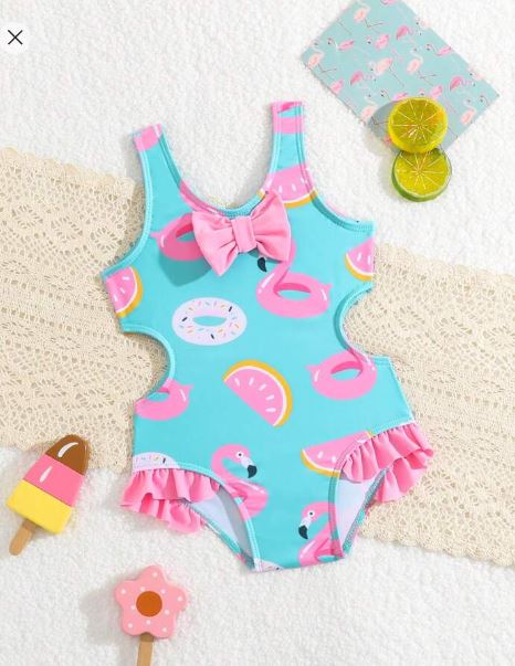 Shein Baby Girl Simple Printed Swimsuit With Bow Decoration, 2-3T /