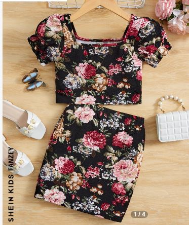 Shein Kids FANZEY Girls Floral Print Puff Sleeve Crop Top & Skirt, 10T*/