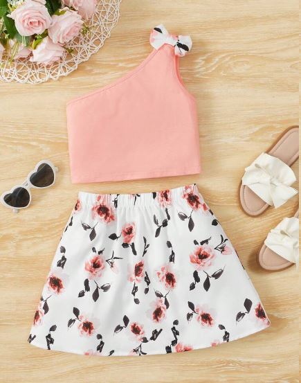 Shein Young Girl Bow One Shoulder Top & Floral Print Skirt, 4T /