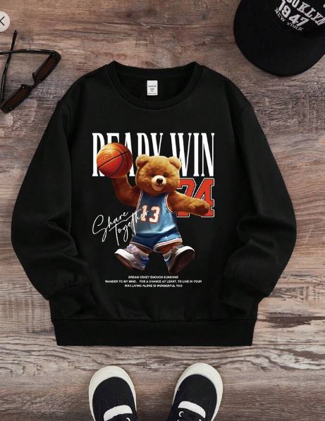 Shein Tween Boy Bear & Slogan Graphic Thermal Lined Sweatshirt, 11-12T */