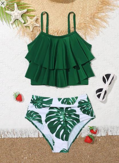 Shein Tween Girl Tropical Print Ruffle Hem Bikini Set Summer Beach, 11-12T /