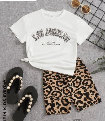Shein Kids EVRYDAY Toddler Girls Slogan & Leopard Print Tee & Shorts, 7T*/