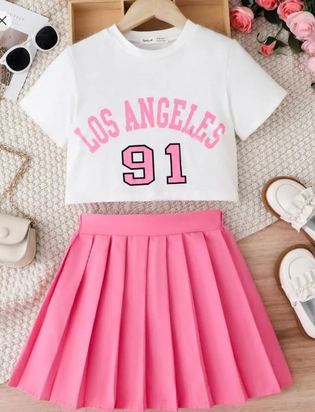 Shein Tween Girl Letter Graphic Tee & Pleated Skirt, 10T */