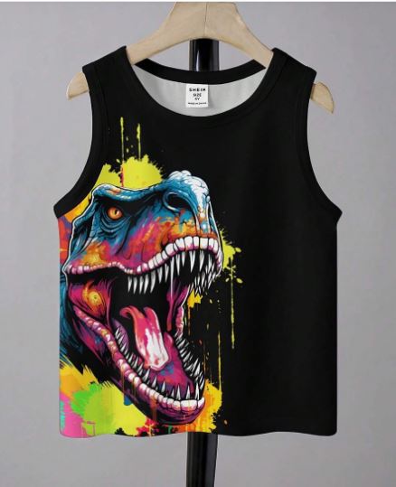 Shein Young Boy Casual Cartoon Dinosaur Printed Round Neck Tank Top, 5T /