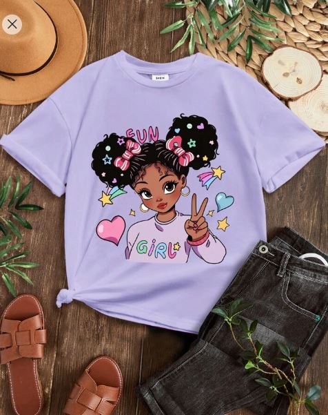 Shein Tween Girls' Heart & Cartoon Character Print Short Sleeve T-Shirt, 10T */
