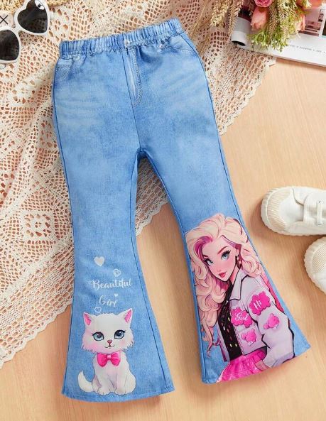 Shein Cartoon Letter Pattern Imitation Denim Print Bell Bottoms Pants, 7T /