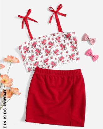 Shein Kids Toddler Girls Knot Strap Floral Cami Top & Split Hem Skirt, 7T */