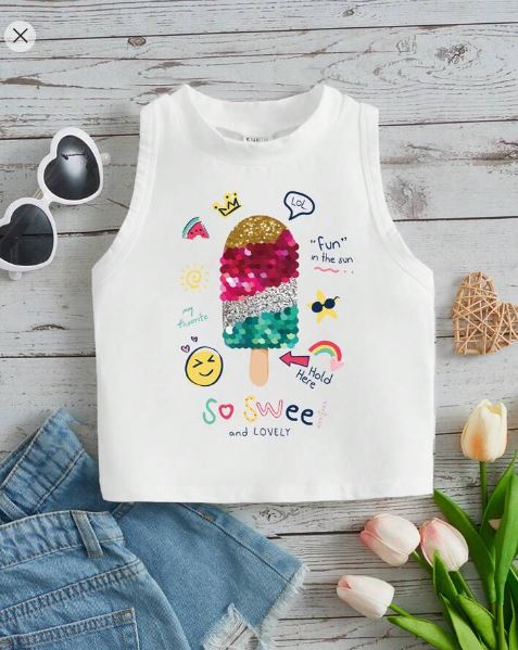 Shein Young Girl Cartoon Ice Cream Pattern Round Neck Tank Top, 7T /