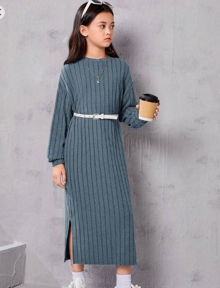 Shein Girls' Vintage Loose Fit Round Neck Ribbed Drop Shoulder Side Split Maxi Dress, 12T */