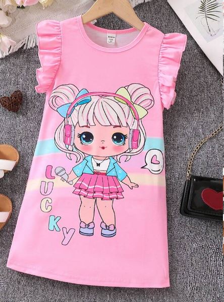 Shein Summer Cute Young Girls Letter Printed Fly Sleeve Dress, 6T /